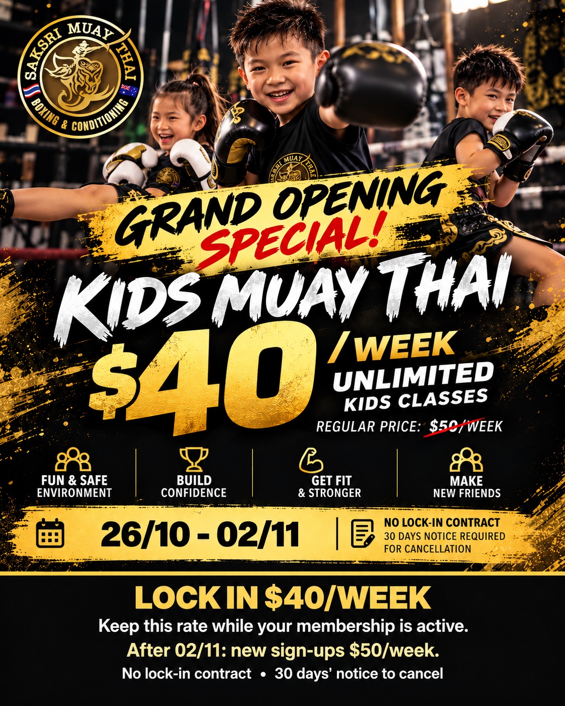 Three children enjoying Kids Muay Thai training at Saksri Muay Thai